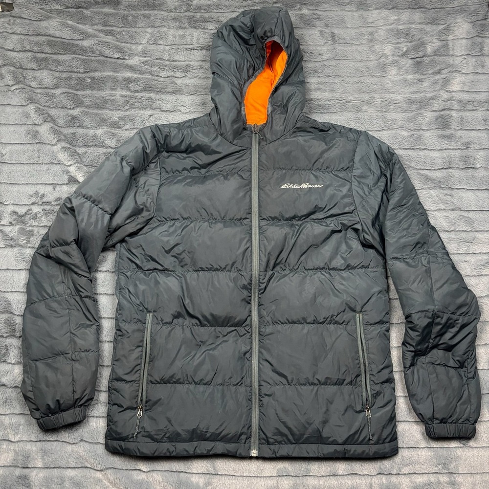 Eddie Bauer Mens Wide Channel Hooded Down Jacket Gray Orange Puffer Coat 9577